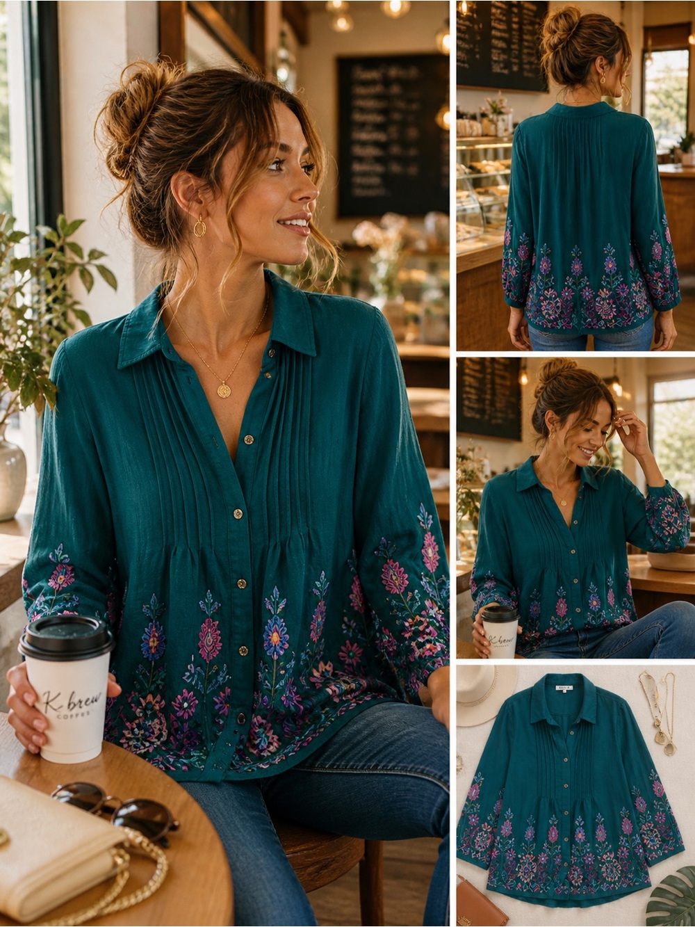 Embroidered Teal Boho Blouse S | Pintuck Top Anthropologie Style Boutique Chic - Picture 2 of 8